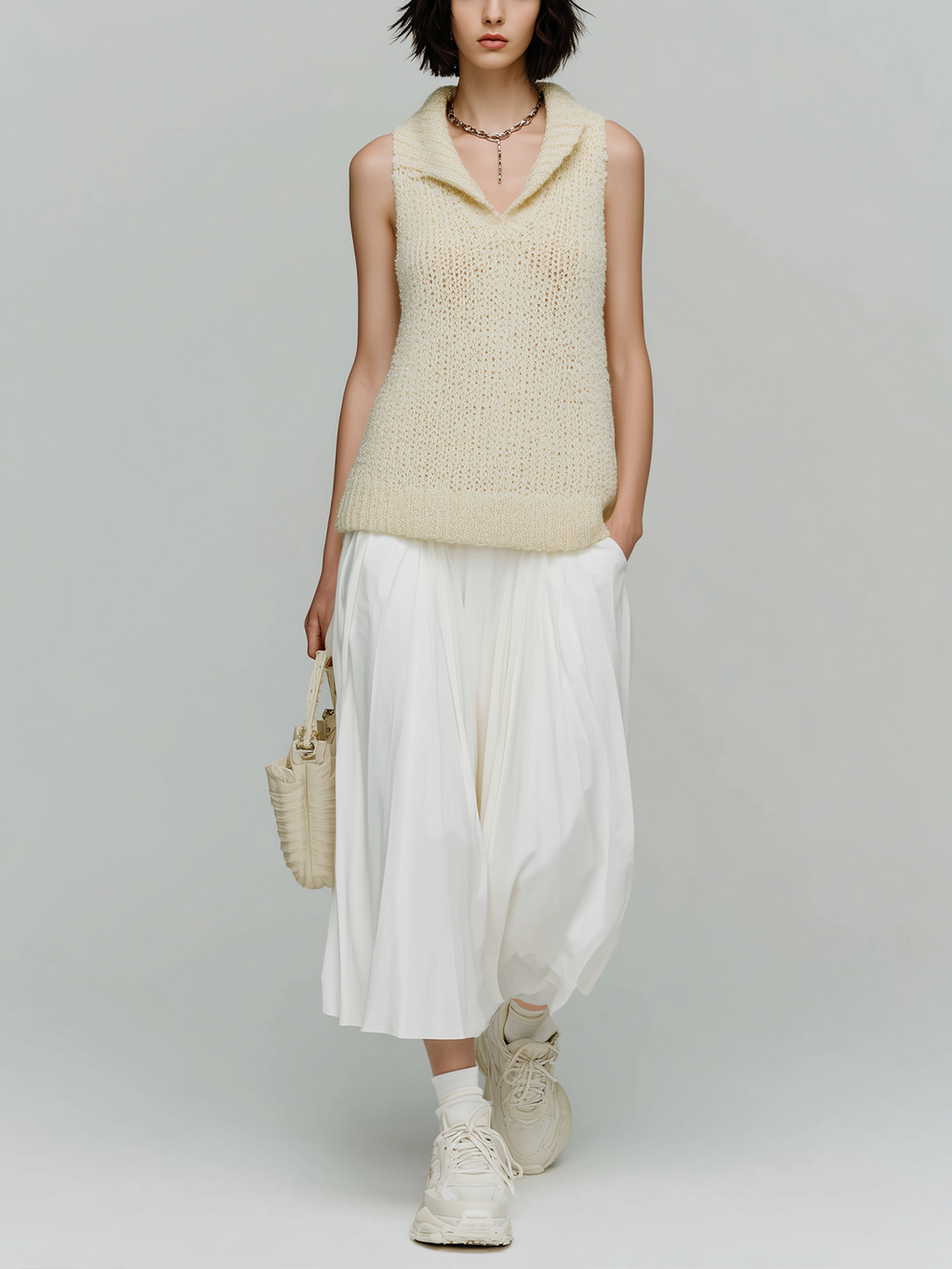 Chic Elegant Cream White Collar V-Neck Sleeveless Knit Sweater Loose A-Line Chiffon Maxi Skirt Two-Piece Set