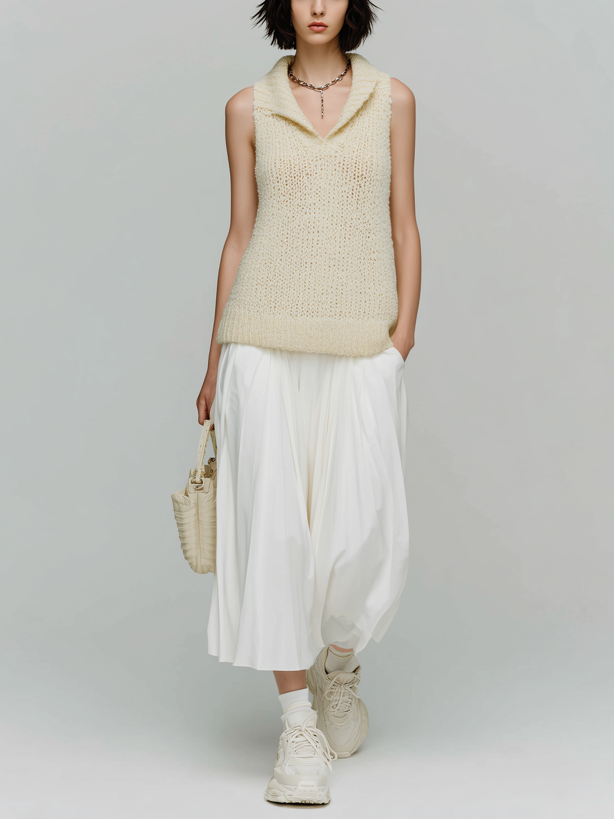 Chic Elegant Cream White Collar V-Neck Sleeveless Knit Sweater Loose A-Line Chiffon Maxi Skirt Two-Piece Set