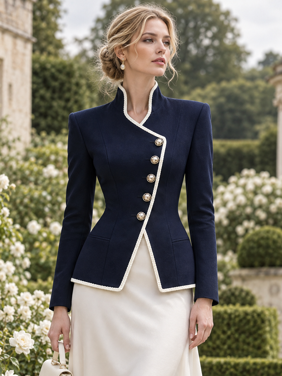 Elegant Stand Collar Braided Trim Fitted Waist Office Blazer