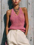 Chic Casual Solid Color Cotton Blend Halter V-Neck Sleeveless Hollow Out Knit Cami