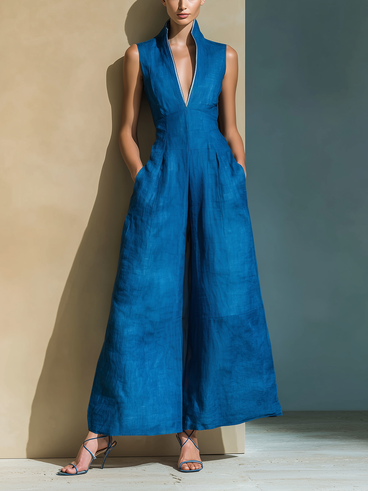 Stylish Elegant Cotton Linen Blend Royal Blue Slim-Fit V-Neck Stand Collar Sleeveless Tailored-Waist Wide Leg Jumpsuit