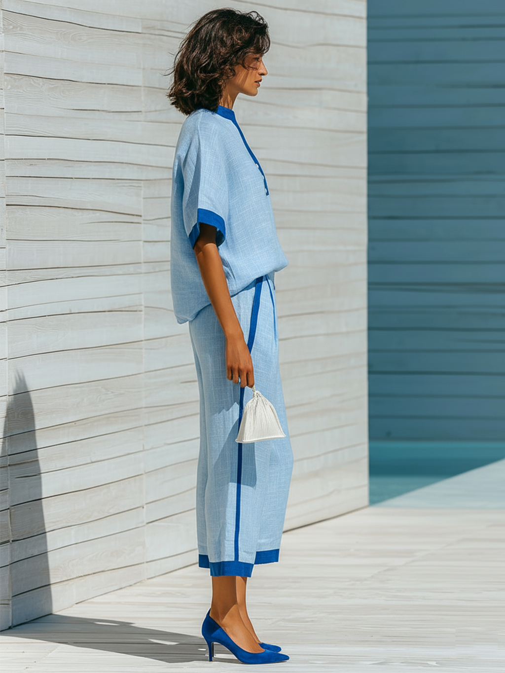 Chic Casual Blue Colorblock Stand Collar Button-Front Short-Sleeve Loose-Fit Tops Cropped Wide-Leg Pants Cotton-Linen Two-Piece Set