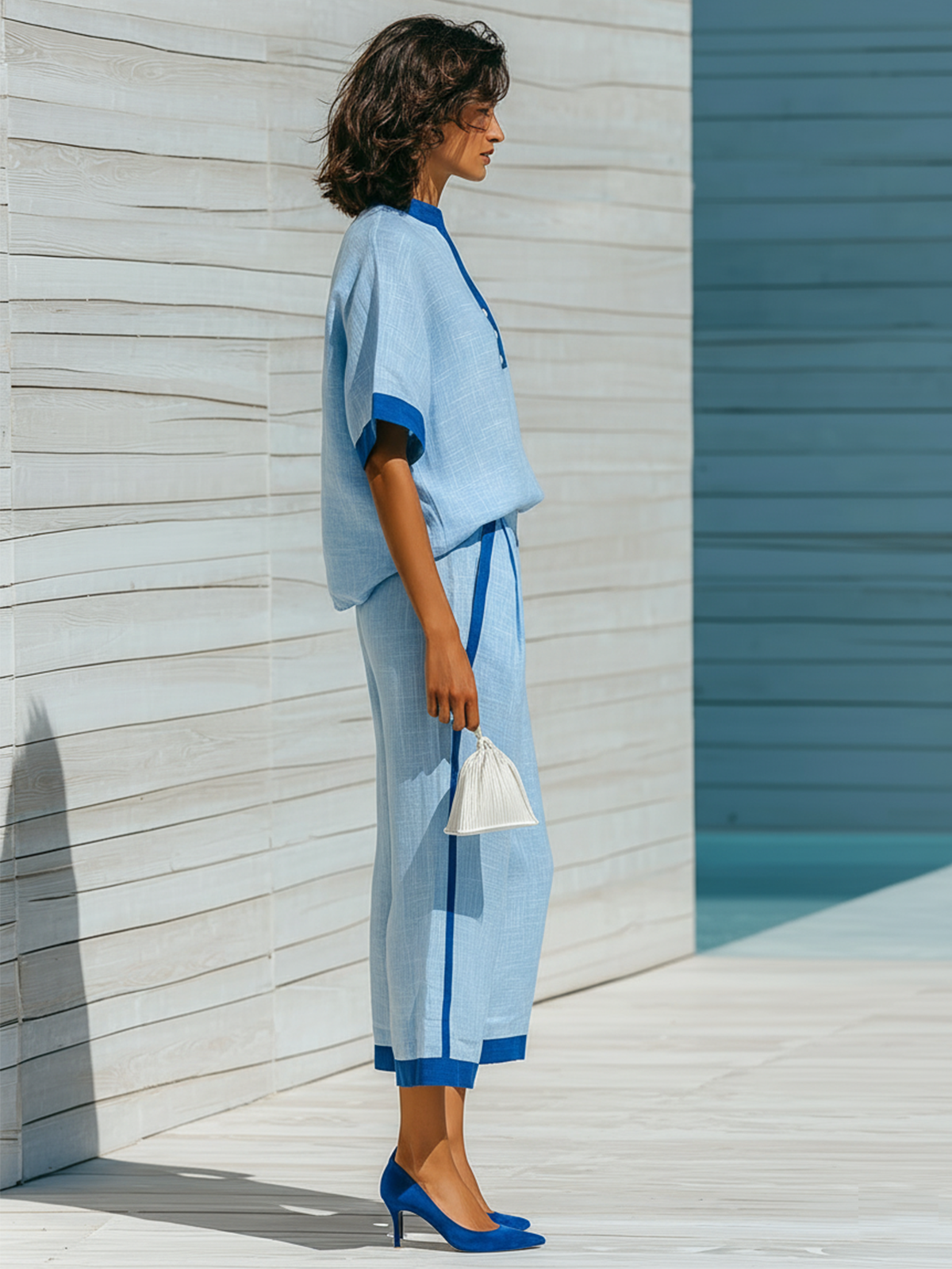Chic Casual Blue Colorblock Stand Collar Button-Front Short-Sleeve Loose-Fit Tops Cropped Wide-Leg Pants Cotton-Linen Two-Piece Set