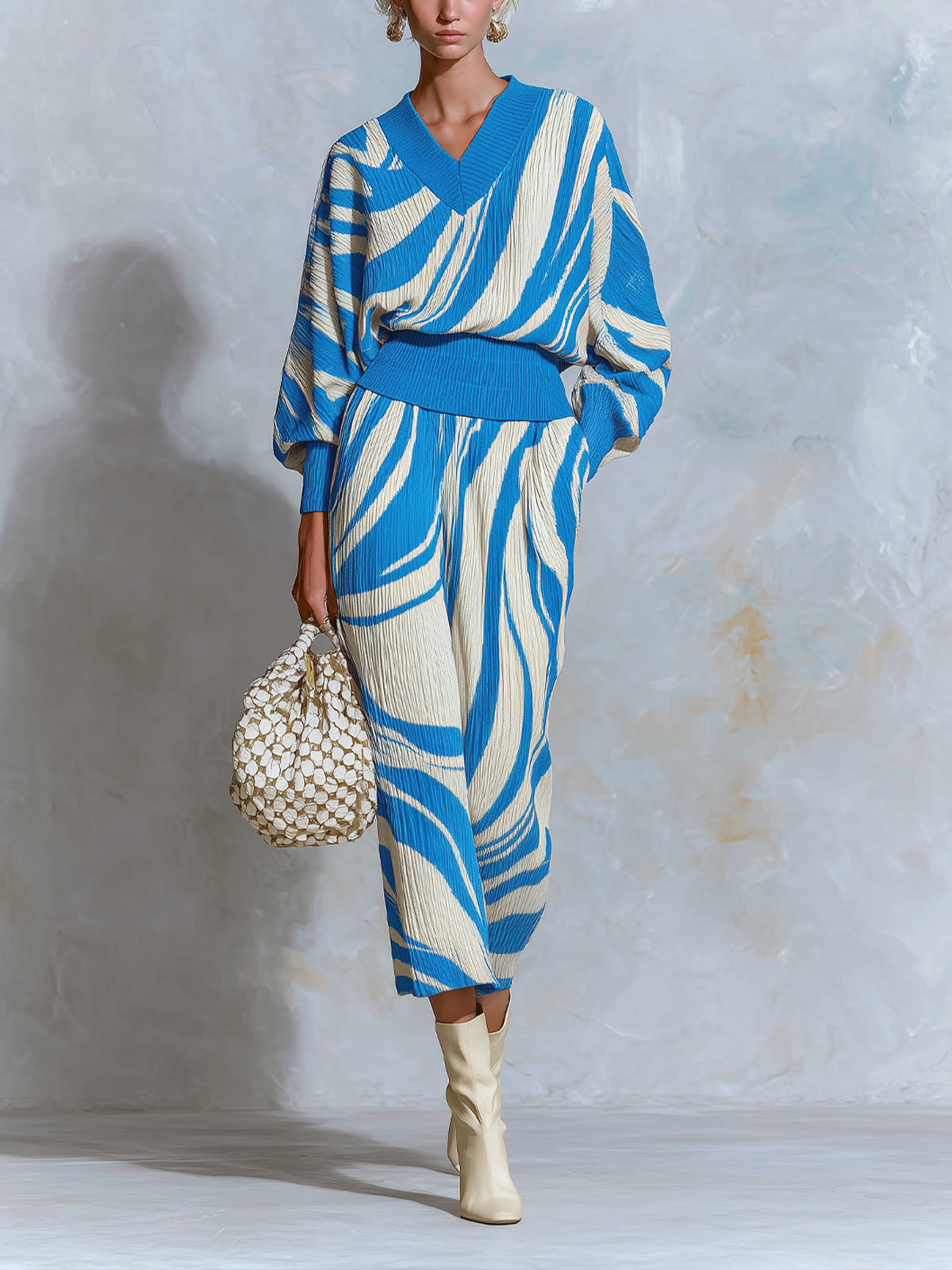 Chic Elegant Blue-White Colorblock Jacquard V-Neck Short-Sleeve Loose Vest Bodycon Midi Skirt Knit Two-Piece Set