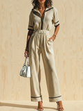 Chic Elegant Beige Colorblock Zipper-Up Lapel Collar Short-Sleeve Loose Sweater Wide-Leg Pants Ribbed Knit Two-Piece Set