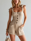 Chic Elegant Oatmeal Bow-Tie Strappy Square-Neck Button-Up Patch Pocket Slim-Fit Knit Romper