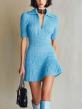 Chic Vintage Blue Lapel V-Neck Short-Sleeve Slim-Fit A-Line Ribbed Knit Mini Dress