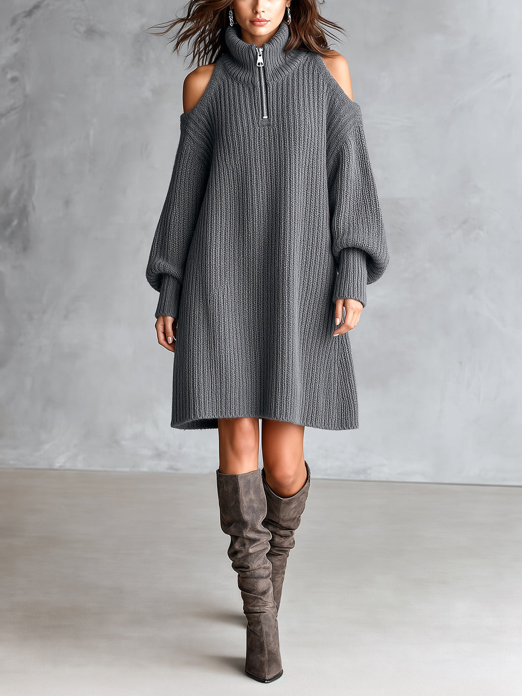 Chic Elegant Gray Zipper-Up Turtleneck Hollow-Out Long-Lantern-Sleeve A-Line Wool Blend Ribbed Knit Midi Dress