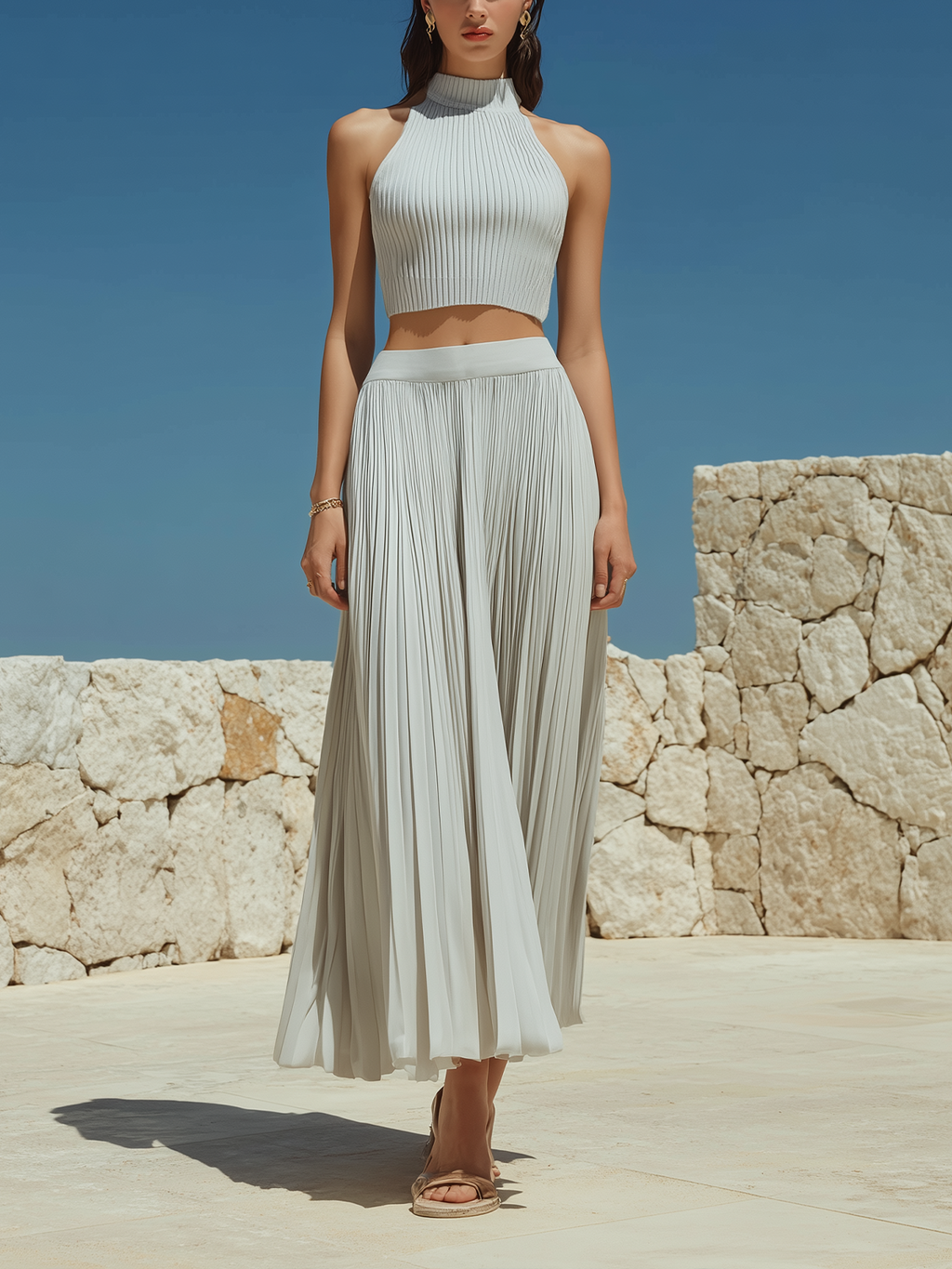Chic Vintage Light-Gray Round-Neck  Halter-neck Sleeveless Sweater Knit Top Chiffon Pleated Maxi Skirt Two-Piece Set