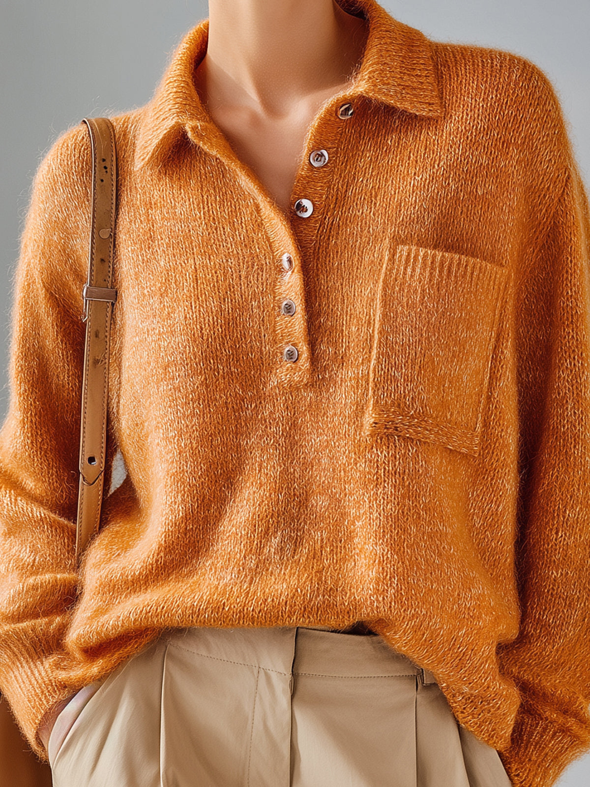 Chic Vintage Pumpkin Orange Polo Collar Half-Placket Pocket Fuzzy Slouchy Knit Sweater