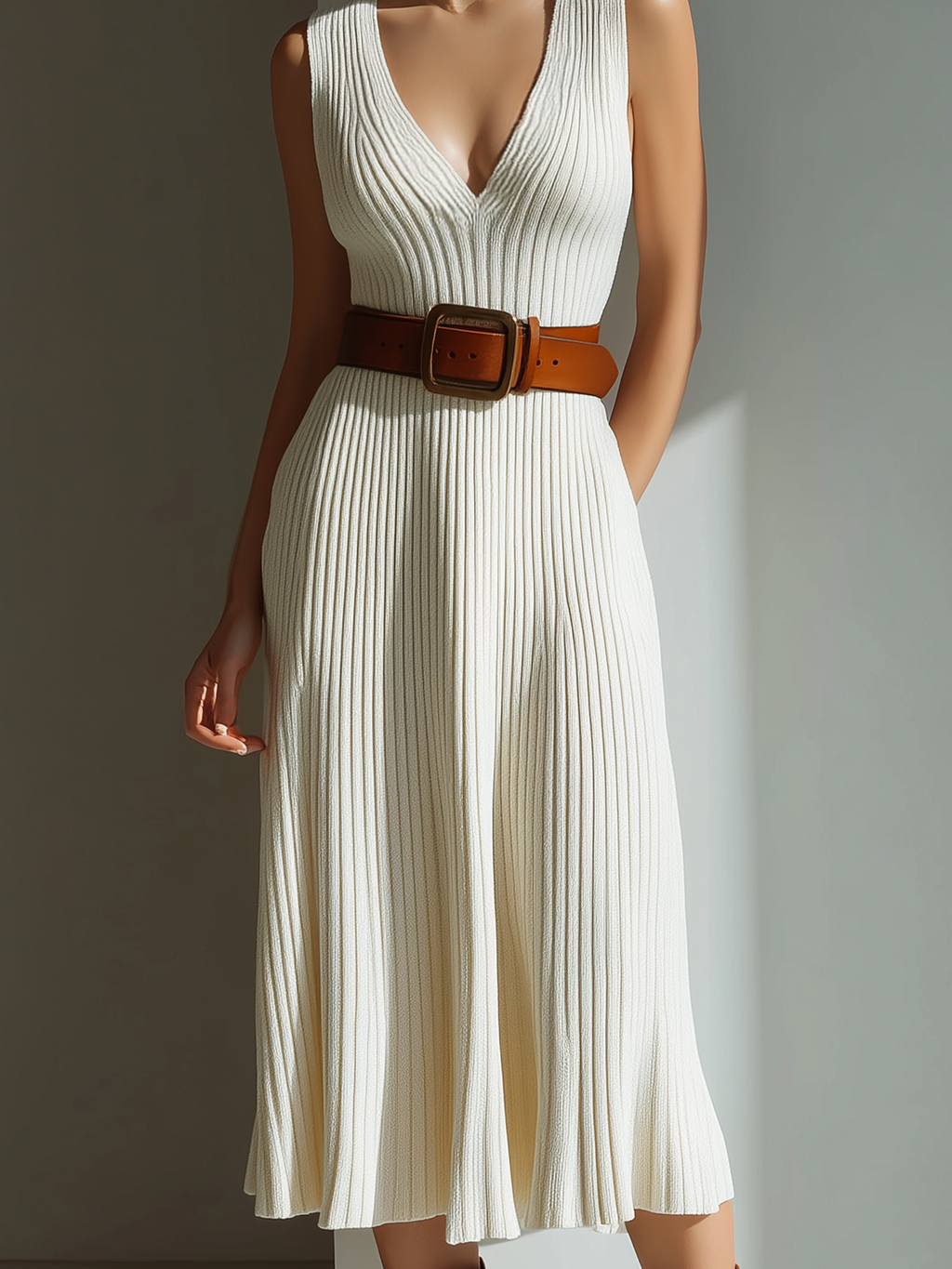 Chic Casual White Deep V-Neck Sleeveless Belted Slim-Fit Ribbed Knit Midi Dress