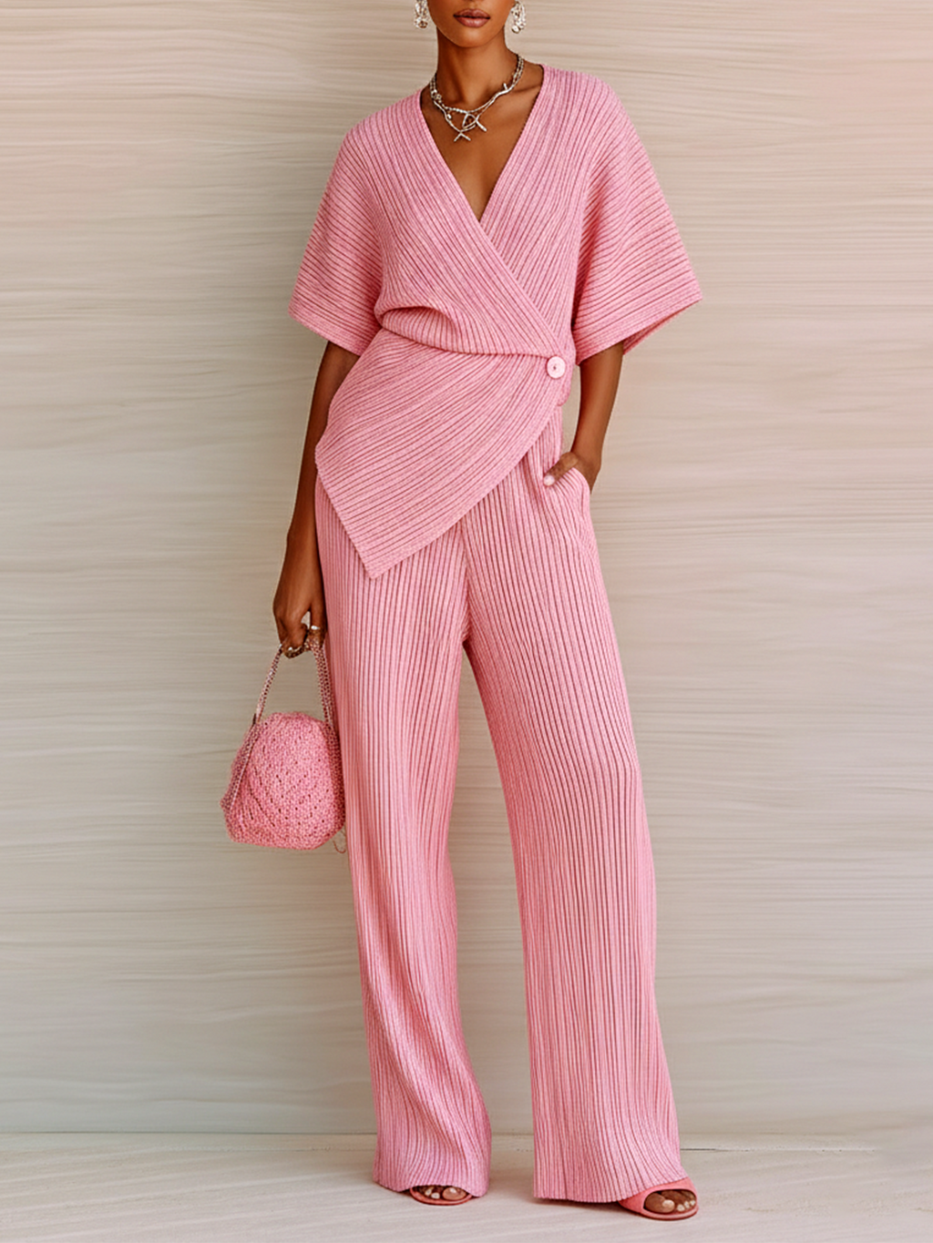 Stylish Elegant Pink V-Neck Short-Sleeve Loose Sweater Wide-Leg Pants Knit Two-Piece Set