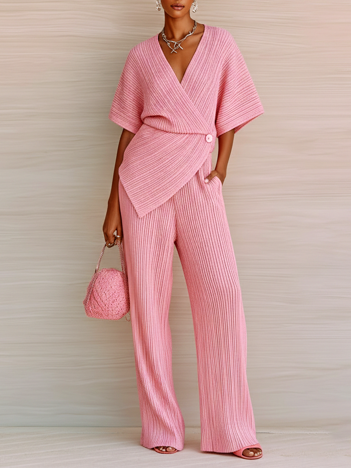 Stylish Elegant Pink V-Neck Short-Sleeve Loose Sweater Wide-Leg Pants Knit Two-Piece Set