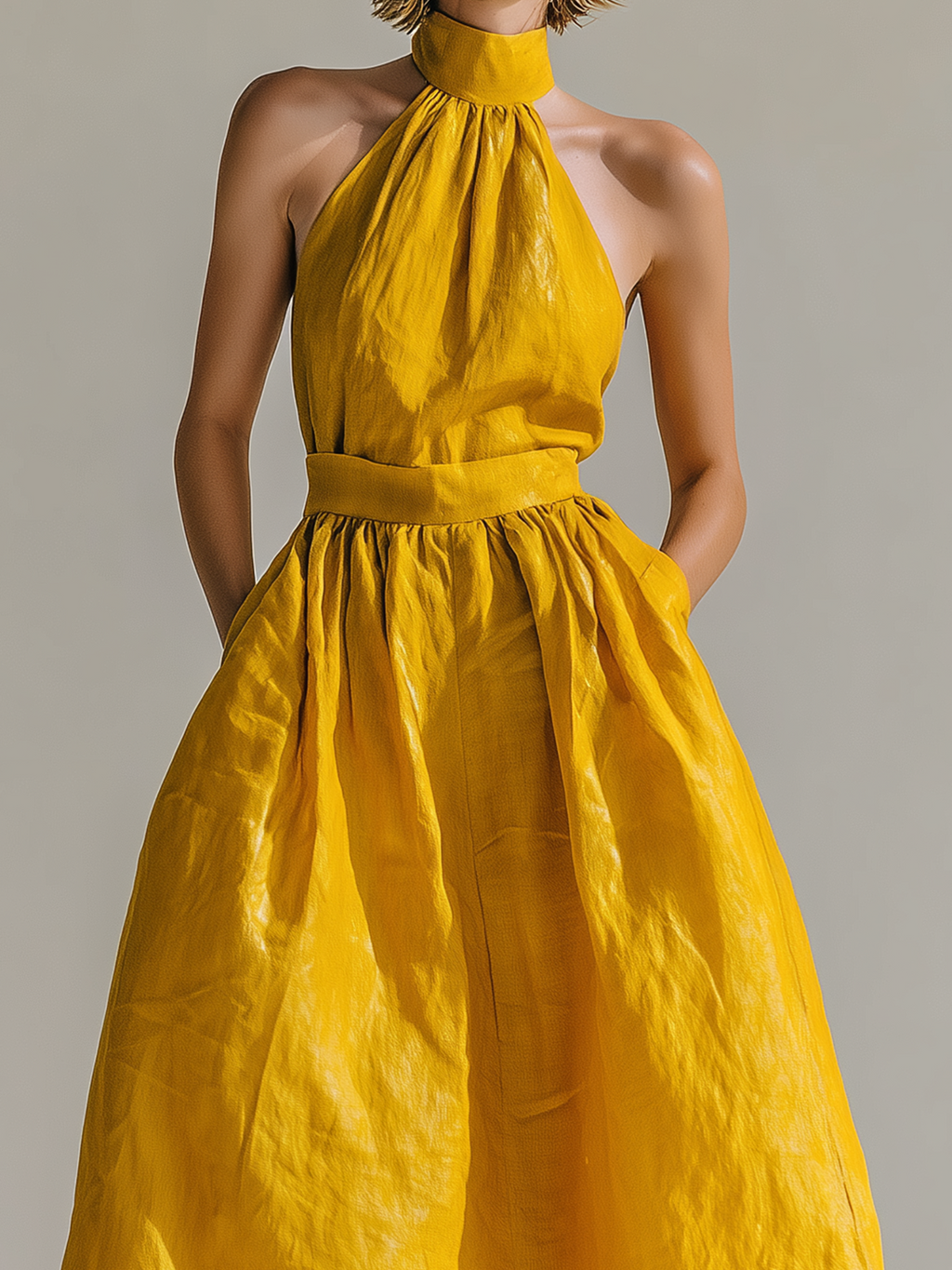 Chic Elegant Yellow Halter  Sleeveless Loose A-Line Cotton-linen Blend Maxi Dress