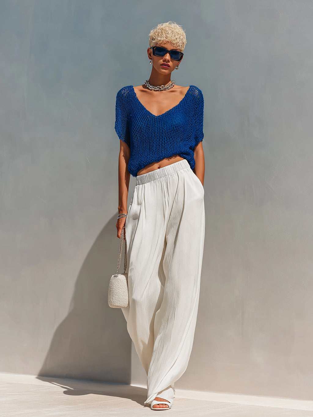 Chic Elegant Royal Blue V-Neck Short-Sleeve Hollow Knit Sweater Top White Chiffon Wide-Let Pants Two-Piece Set