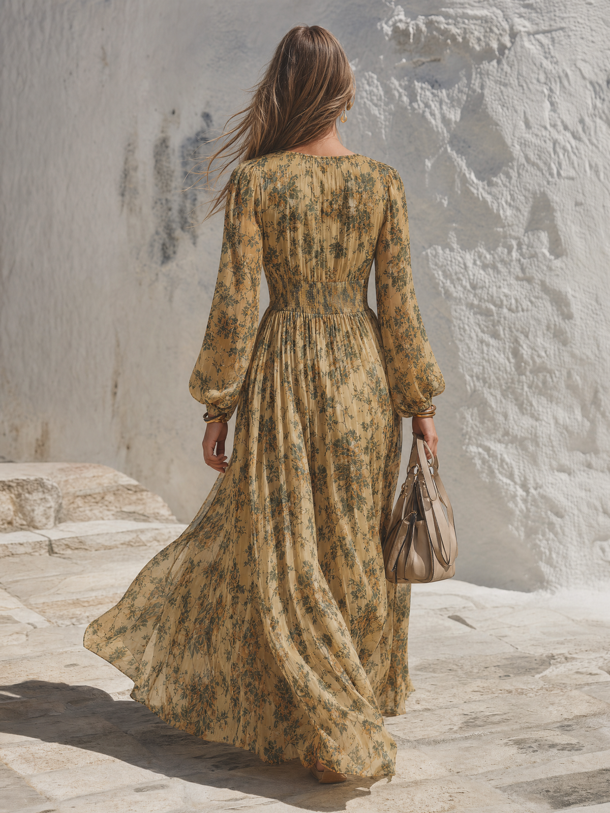 Resort-style V-neck Long-sleeved Abstract Print Maxi Dress