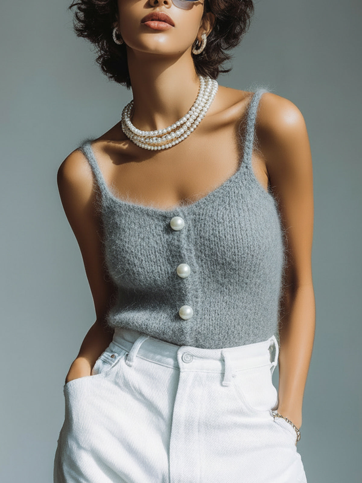 Chic Vintage Square Neck Pearl Button-Front Thin Strap Slim-Fit Knit Camisole