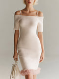 Chic Elegant Light Pink Off-The-Shoulder Short Sleeve Slim-Fit Ruffled Tulle Hem Strappy Ribbed Knit Mini Dress