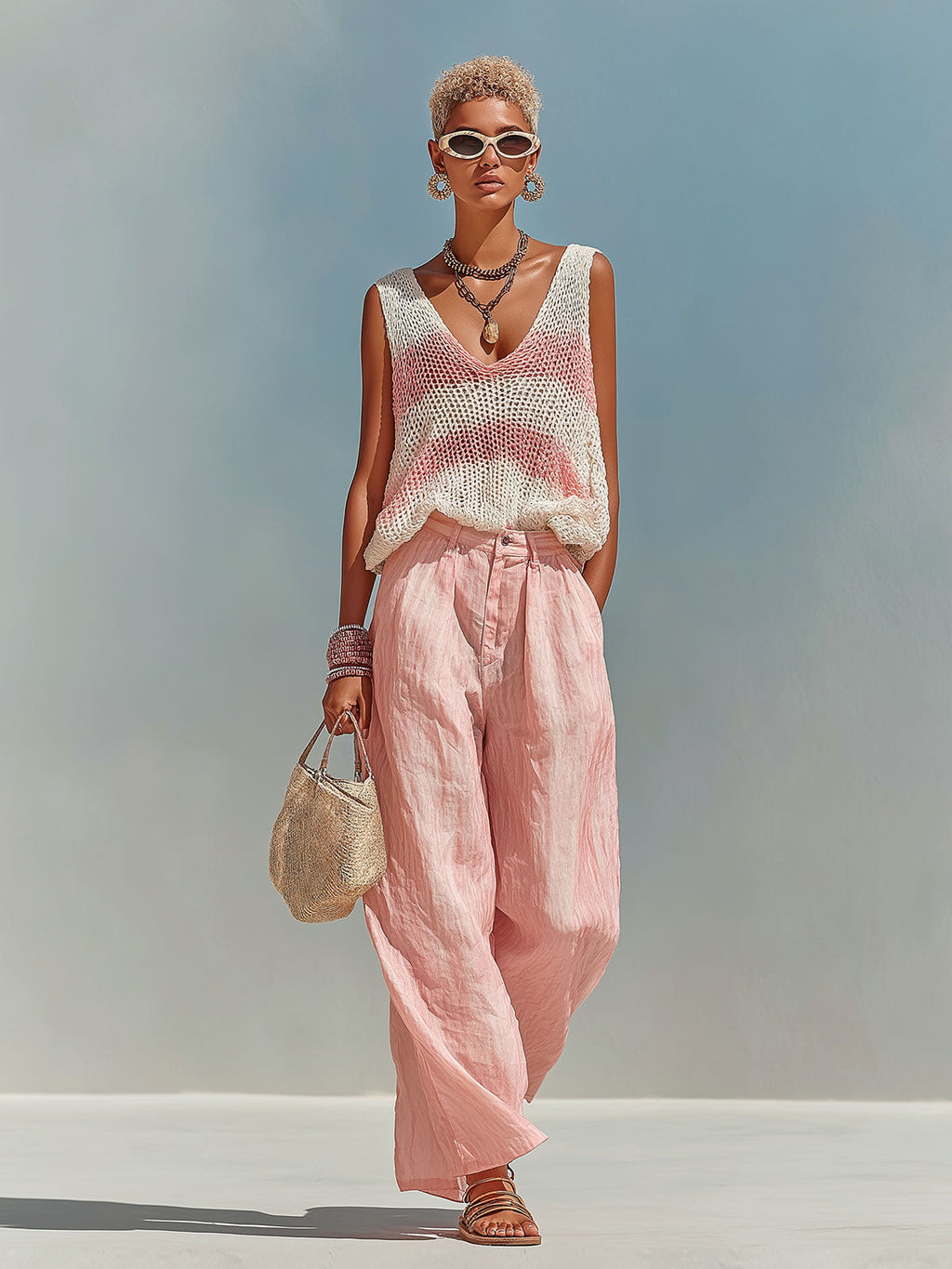 Chic Elegant Pink-White Stripes V-Neck Sleeveless Loose-Fit Knit Tank Top Pink Satin Pants Two-Piece Set
