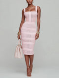 Chic Elegant Pink Square Neck Sleeveless Patchwork Striped Slim-Fit Knit Bodycon Midi Dress