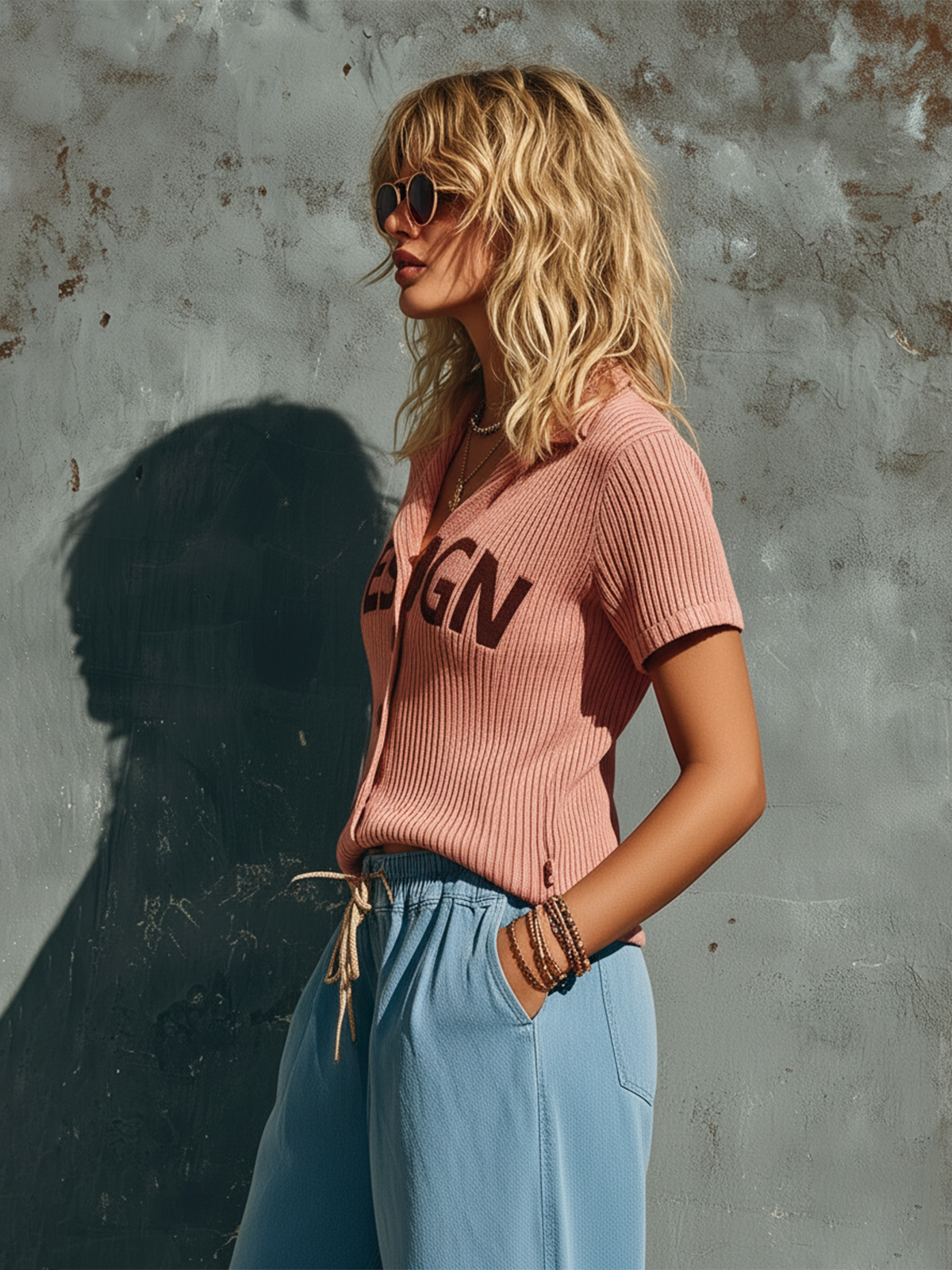 Chic Casual Dusty Pink Lapel Collar Single-Breasted Letter Embroidery Short-Sleeve Slim-Fit Ribbed Knit Sweater Top