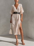 Chic Elegant Beige Deep V-Neck Short-Sleeve Belted Loose-Fit Side-Slit Hollow-Out Knit Midi Dress