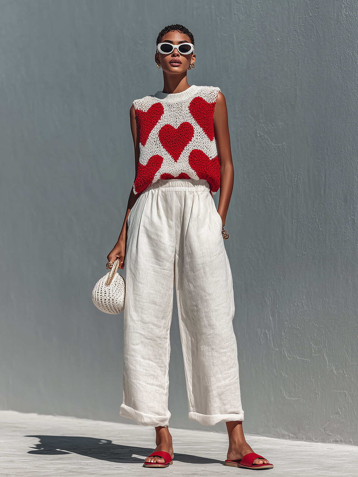 Chic Elegant Red-White Heart Jacquard Round-Neck Loose-Fit Knit Vest Top White Linen Wide-Leg Pants Two-Piece Set