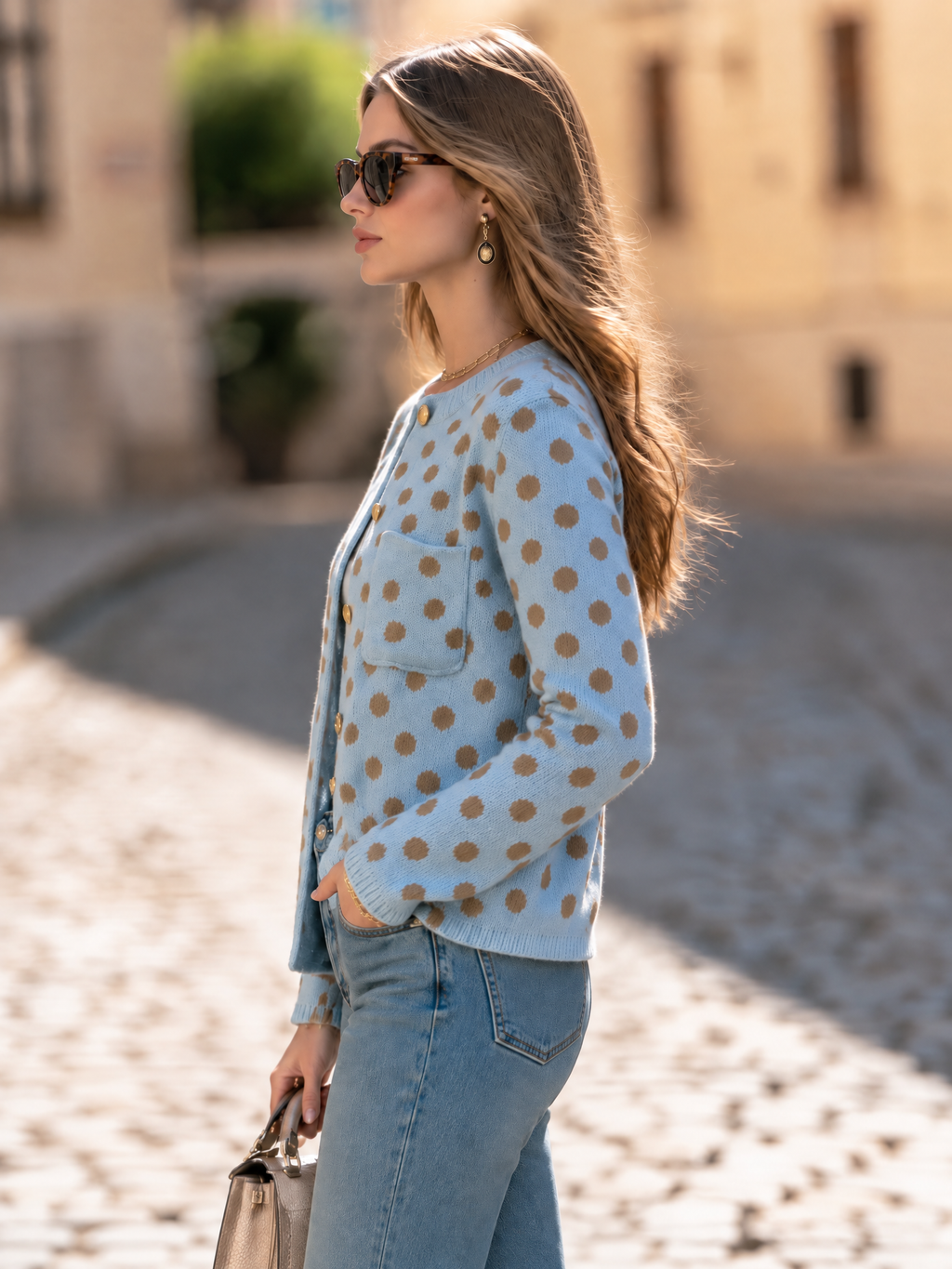 Resort Style Round Neck Polka Dot Long Sleeve Pockets Cardigan