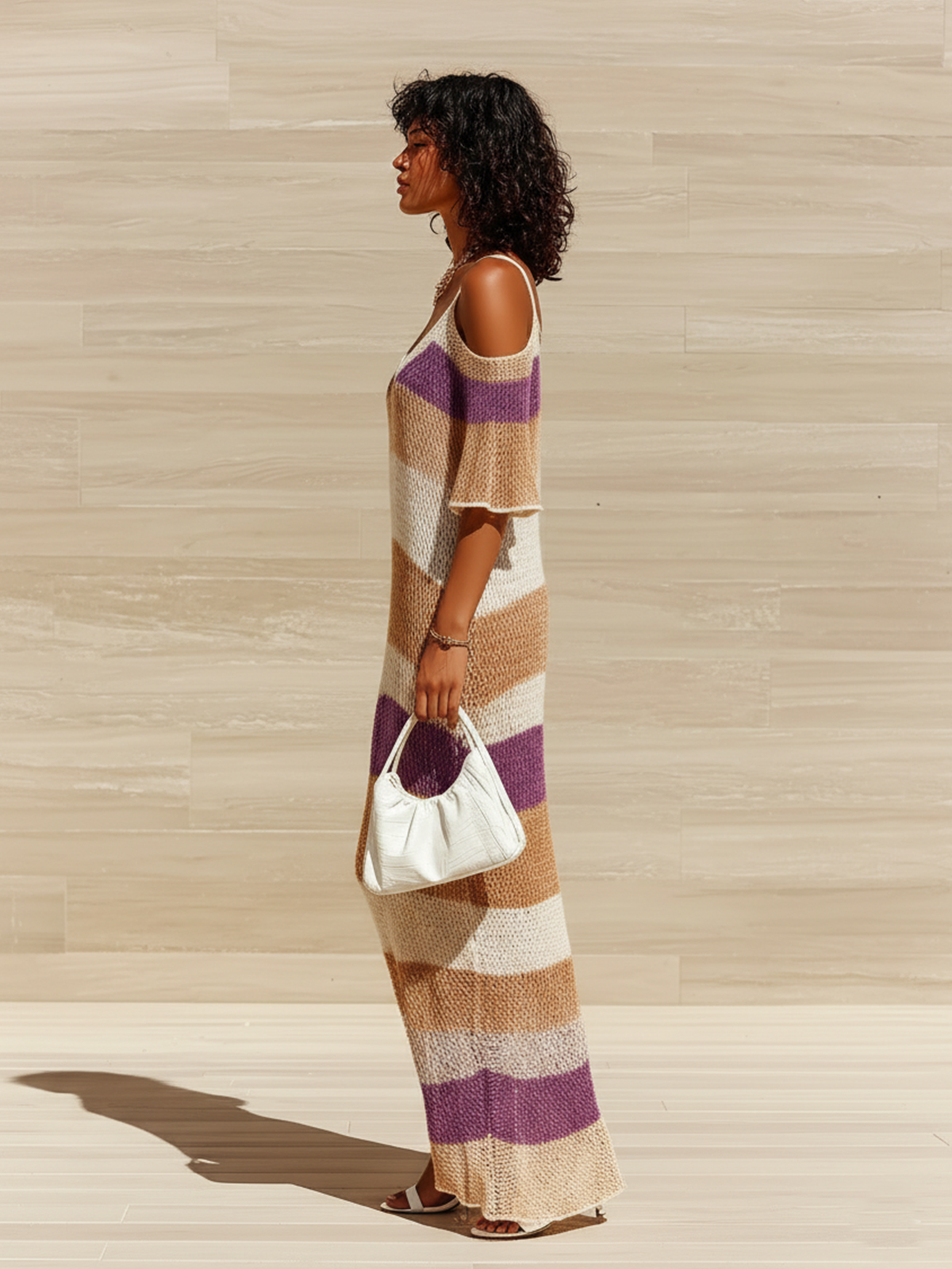 Chic Casual Colorful Striped Off-Shoulder V-Neck Short-Sleeve Loose Side Slit Ribbed Knit Maxi Dress