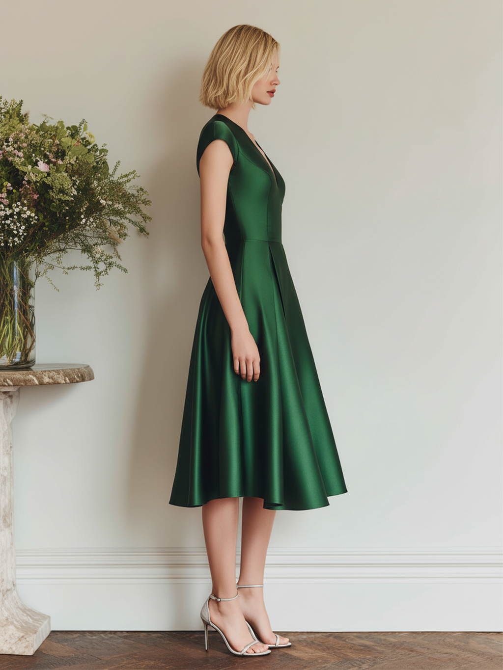 Stylish Elegant Green Cap Sleeve A-Line Slim Sant Midi Dress