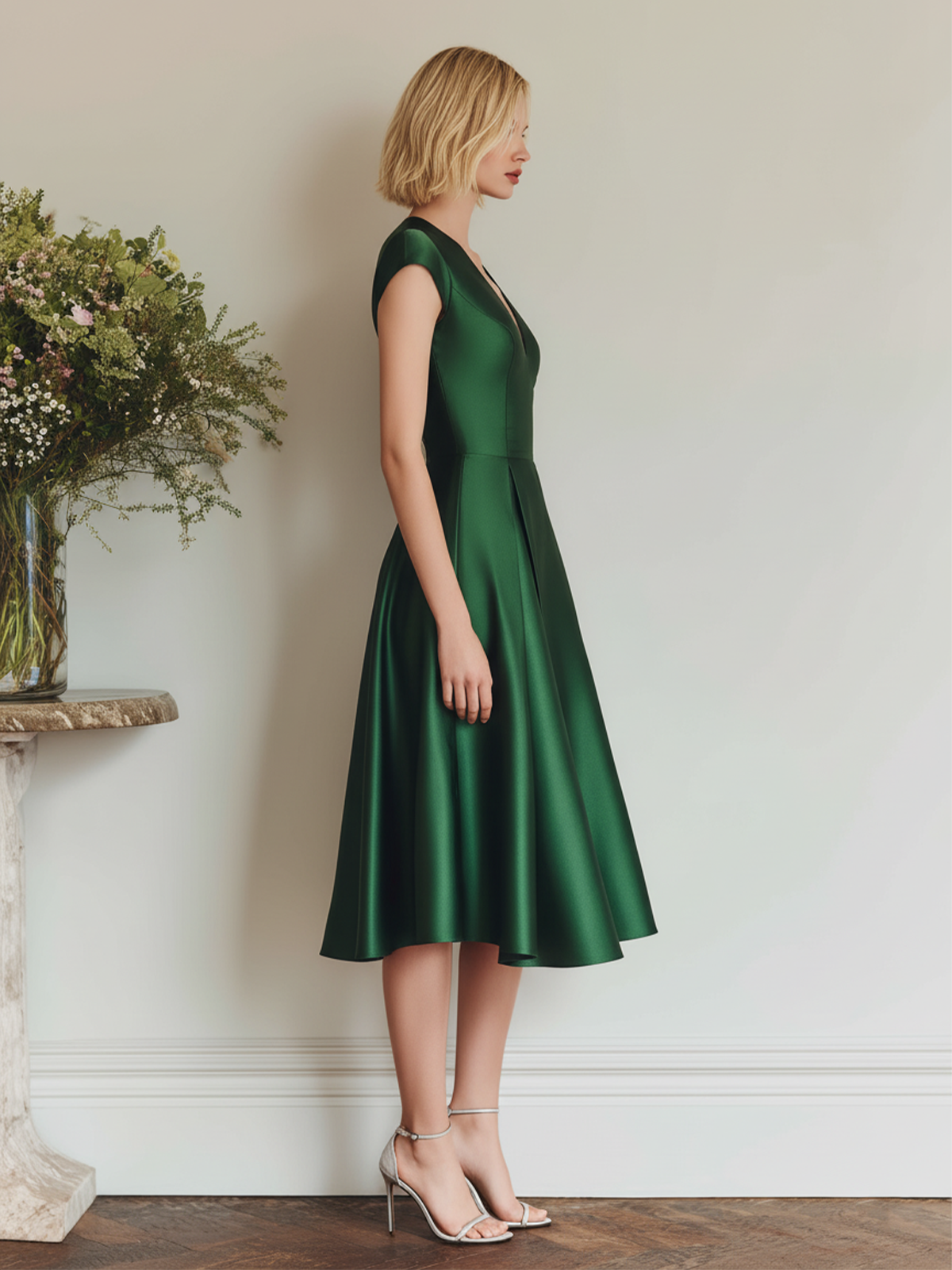 Stylish Elegant Green Cap Sleeve A-Line Slim Sant Midi Dress