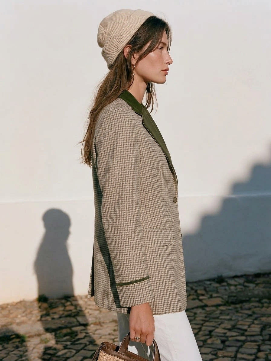 Old Money Style Houndstooth Contrast Green Lapel Floral Embroidery Single‑Breasted Blazer