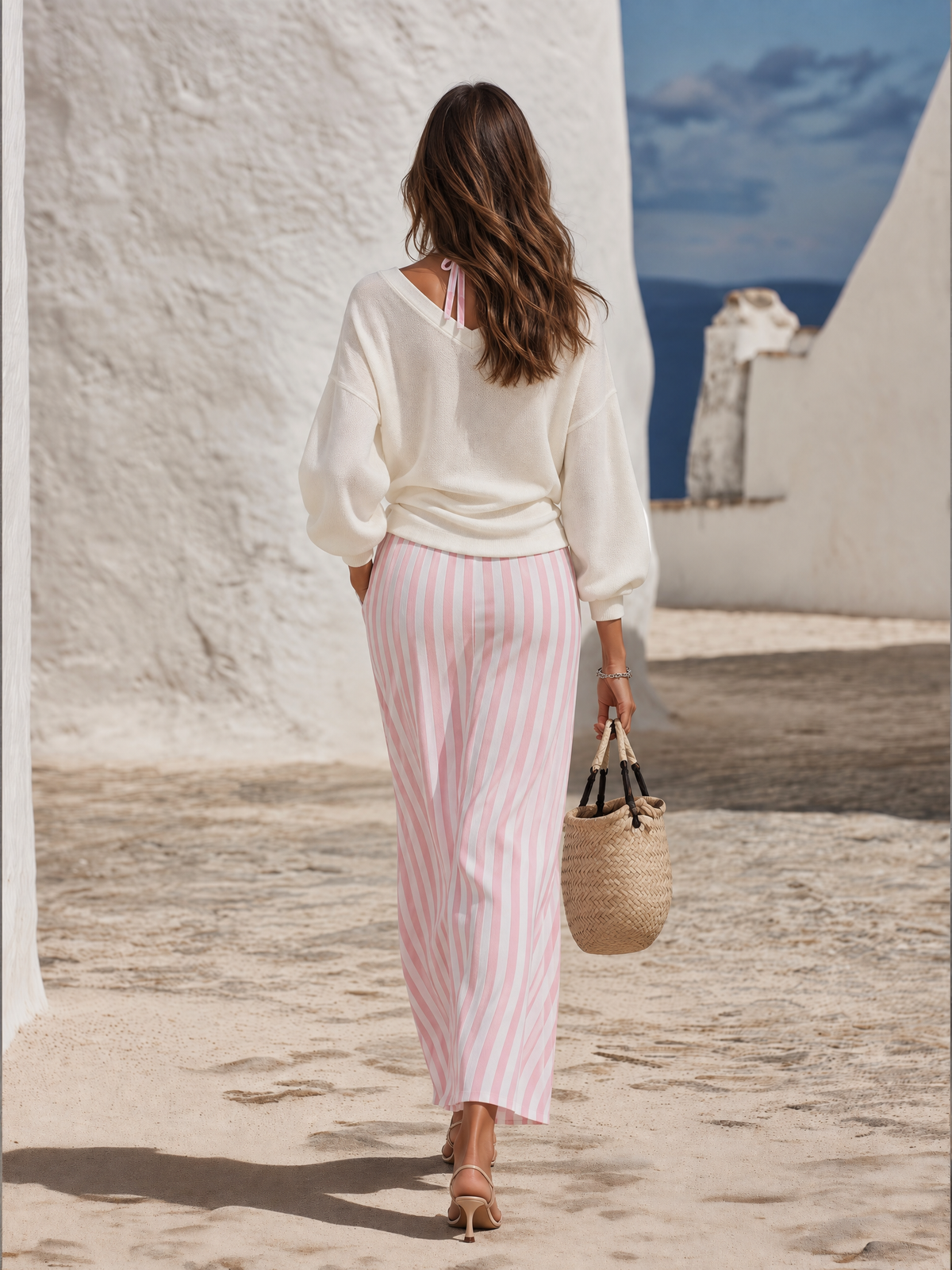 Resort-style Long-sleeve Cover-up And Striped Maxi Skirt Set