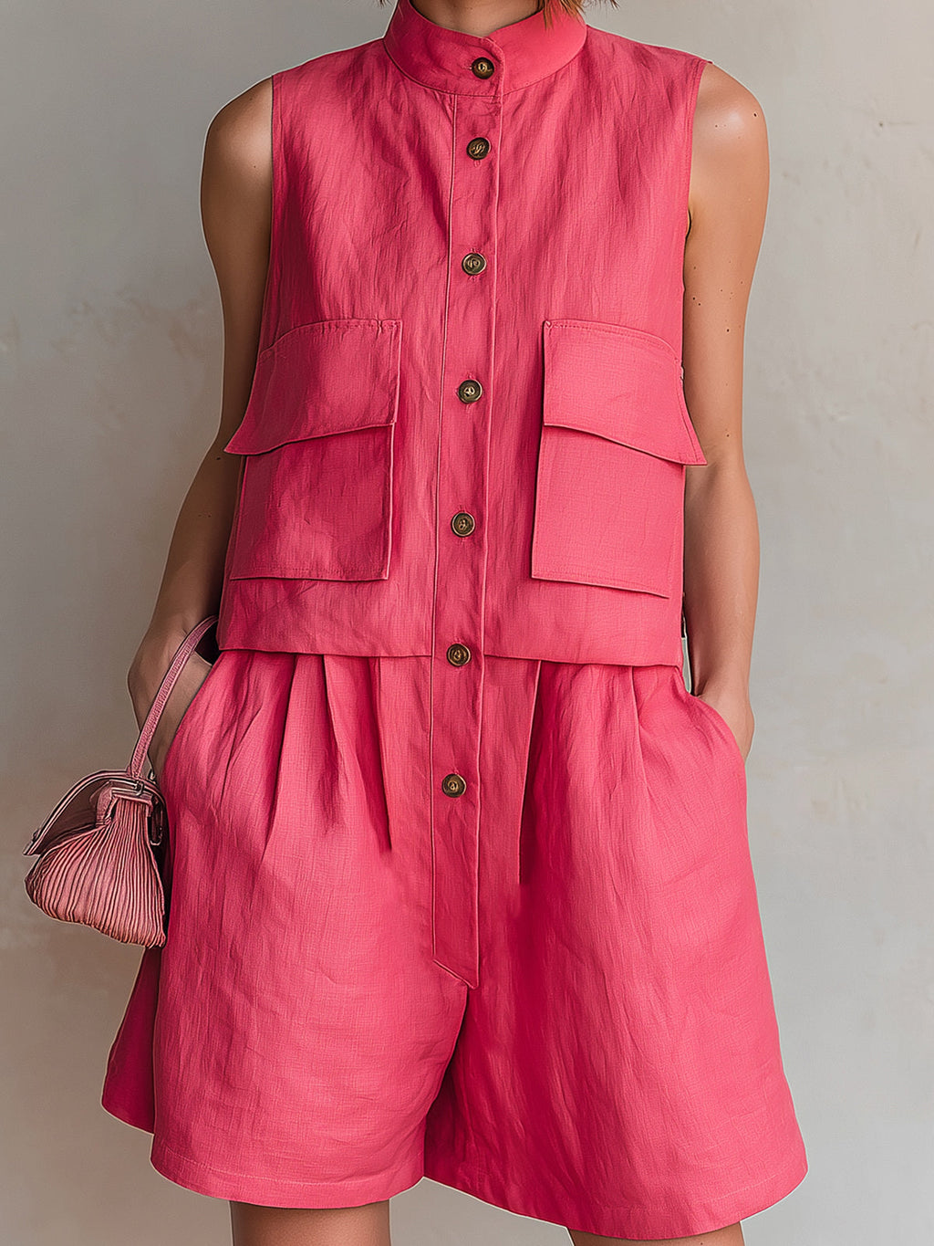Chic Elegant Hot Pink Cotton Linen Blend Stand-Collar Button-Front Sleeveless Flap Pockets Loose-Fit Romper