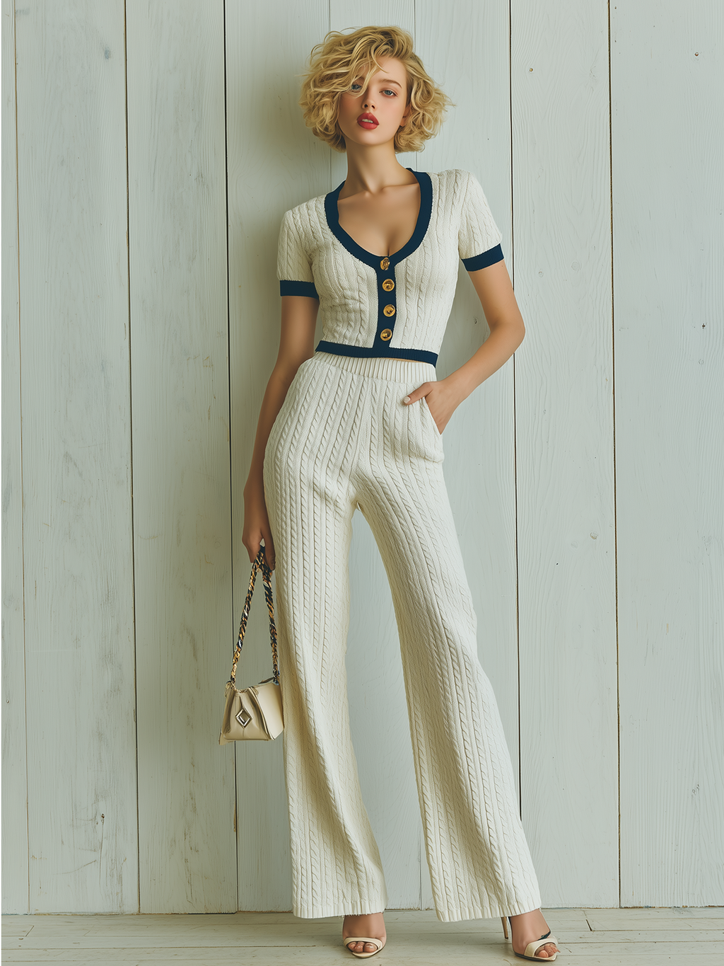 Stylish Elegant Cream White Colorblock V-Neck Short-Sleeve Slim-Fit Cable Sweater Wide-Leg Pants Knit Two-Piece Set
