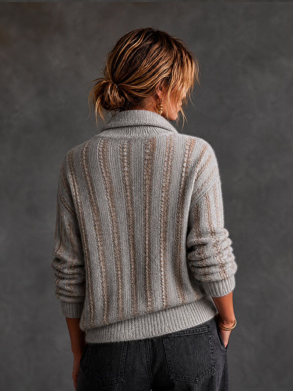 Chic Gray-Gold Colorblock Stripes Half Zip Long Sleeve Loose-Fit Mesh Knit Sweater Top