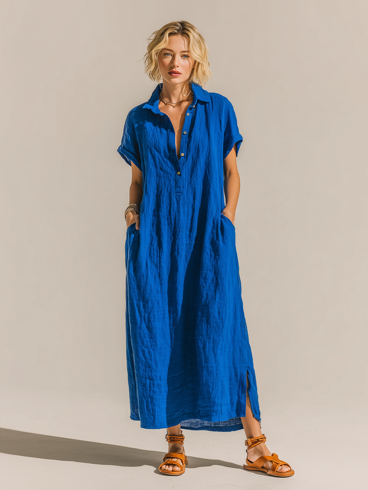 Stylish Elegant Blue Collared Button-Down Short-Sleeve Oversize Cotton-Linen Blend Maxi Dress
