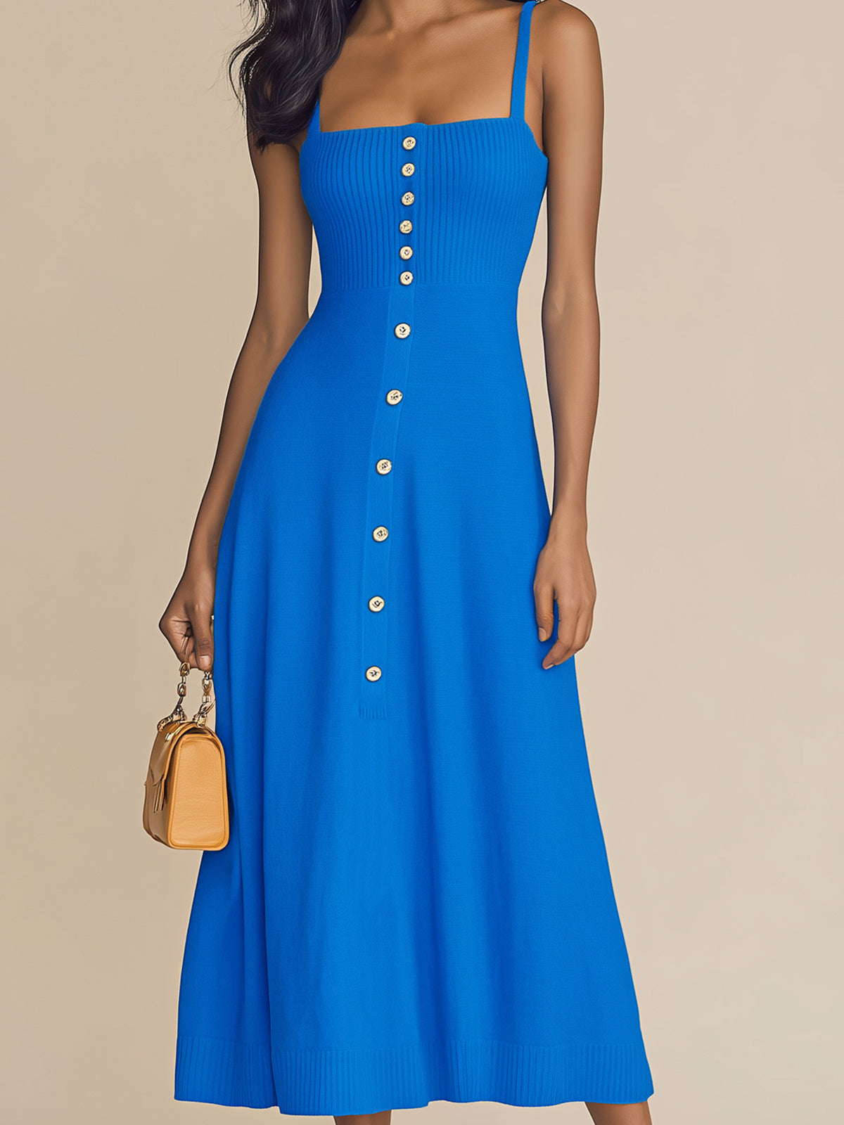 Chic Elegant Royal Blue Thin Straps Sleeveless Button-Front Slim-Fit Ribbed Knit A-Line Midi Dress