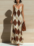 Chic Elegant Beige Geometric Jacquard Strappy Sleeveless Loose A-Line Ribbed Knit Maxi Dress