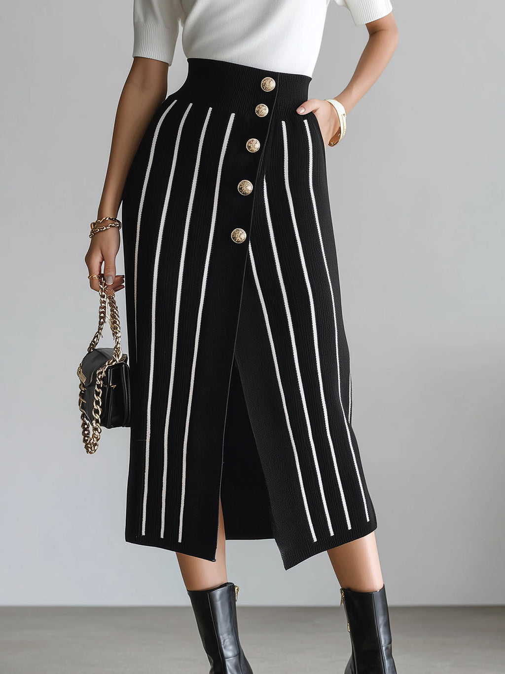 Chic Elegant Black Stripes High Waist Button-Front Slit Bodycon Knit Midi Skirt