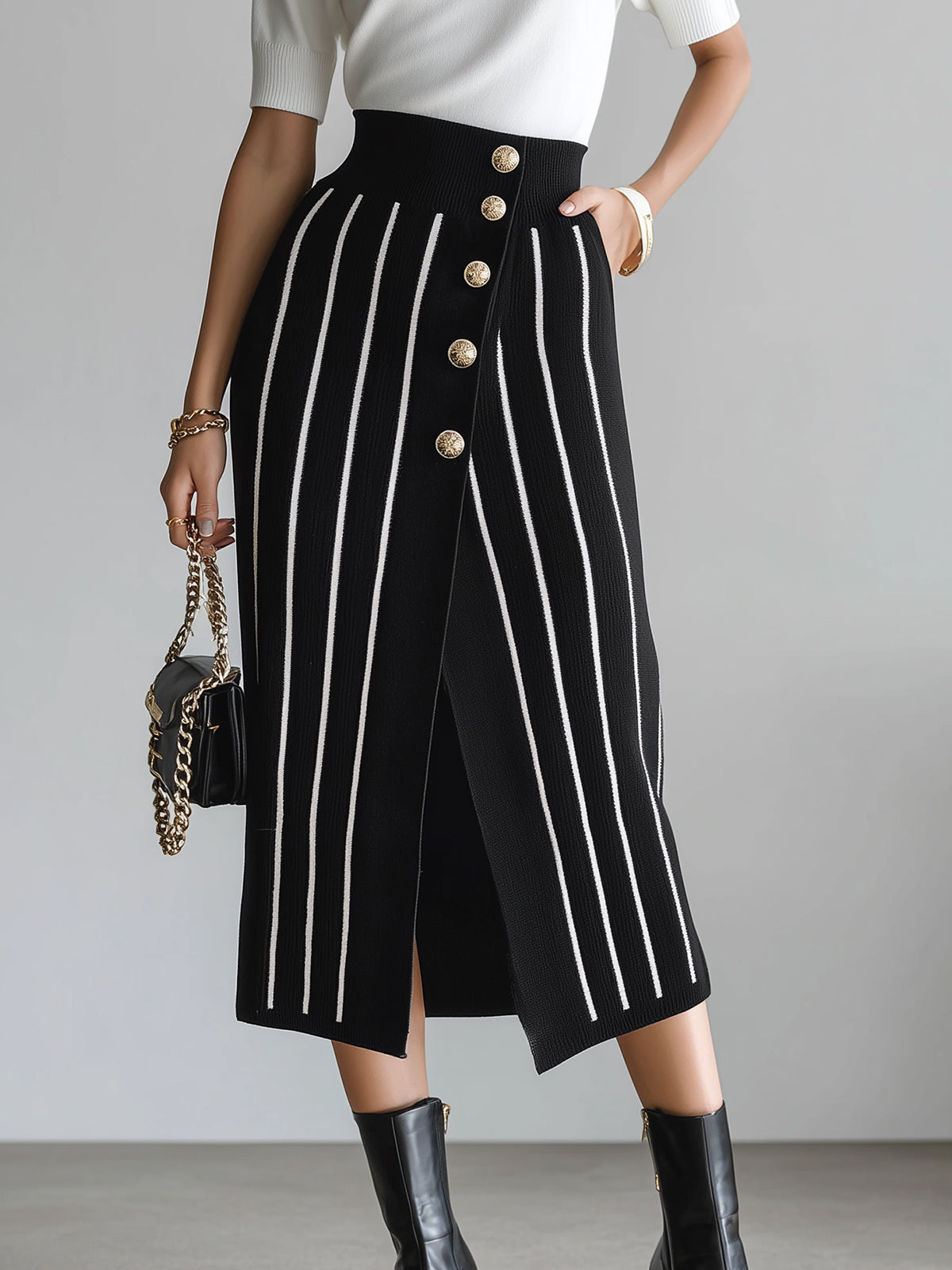 Chic Elegant Black Stripes High Waist Button-Front Slit Bodycon Knit Midi Skirt