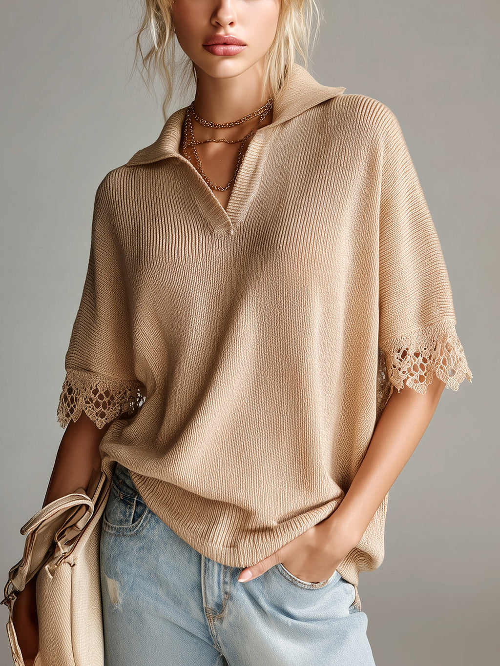 Chic Elegant Camel Lapel V-Neck Short-Sleeve Lace Trim Loose-Fit Knit Sweater Top