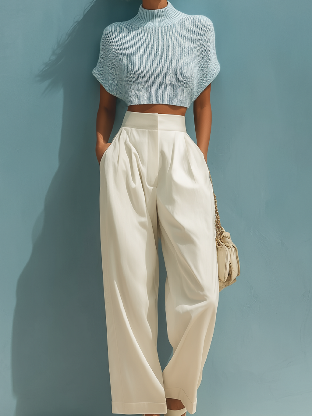 Stylish Elegant Light Blue Mock Neck Short-Sleeve Loose Sweater White Wide-Leg Pants Two-Piece Set