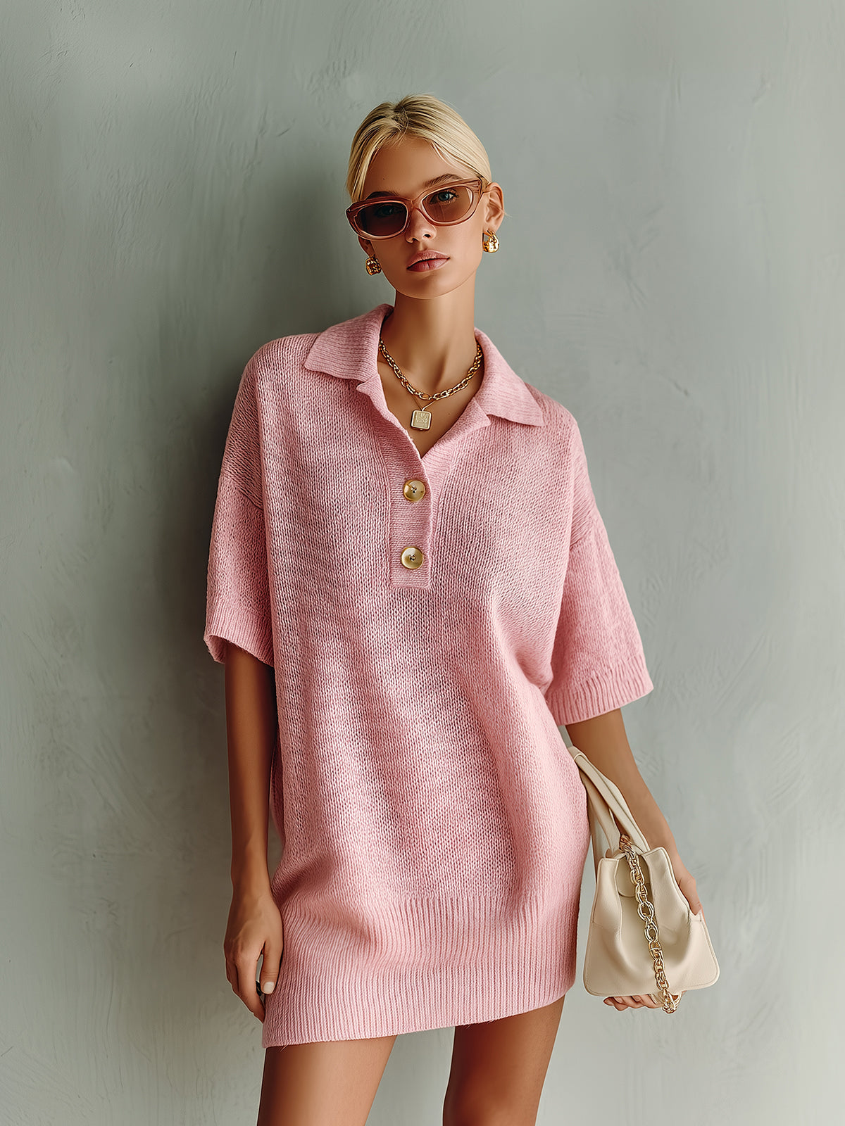Chic Elegant Pink Button-Up Lapel Collar Short-Sleeve Oversize Knit Mini Dress