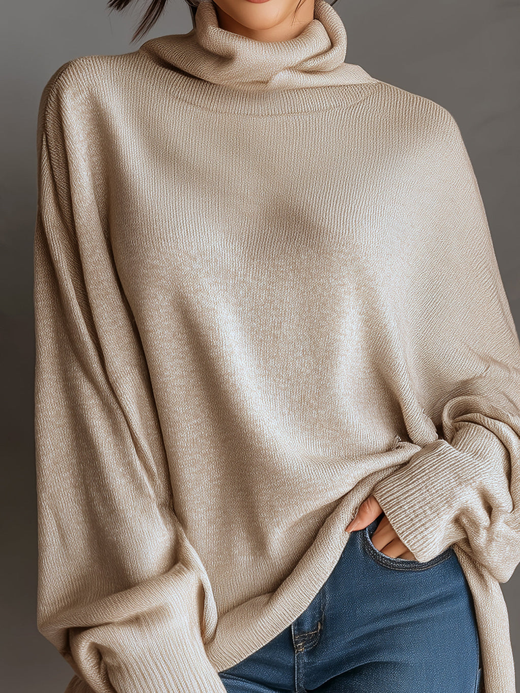 Chic Casual Beige Turtleneck Oversized Batwing Sleeve Irregular Hem Knit Sweater Top