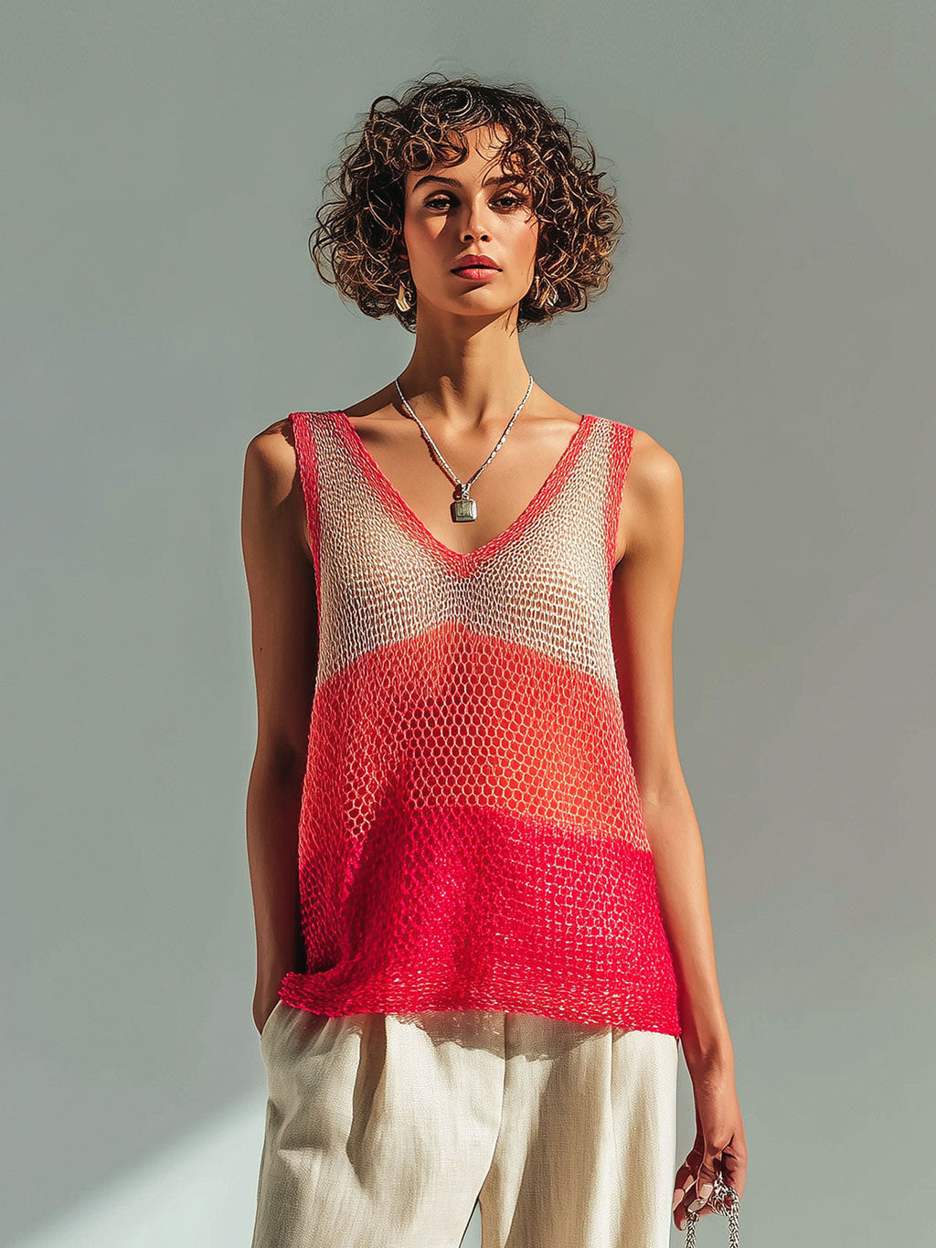 Chic Casual Red-Beige Colorblock V-Neck Sleeveless Loose-Fit Hollow-Out Knit Vest Top