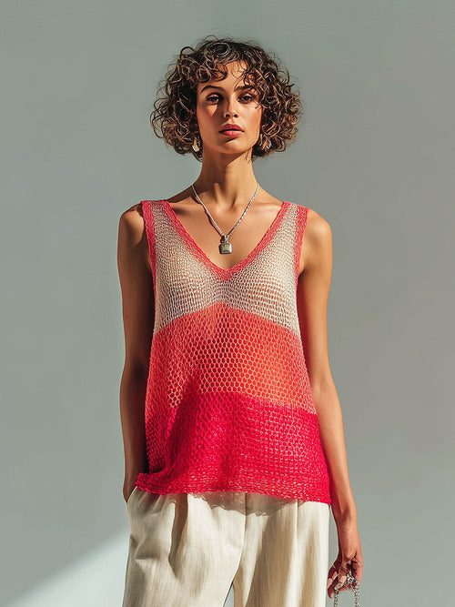 Chic Casual Red-Beige Colorblock V-Neck Sleeveless Loose-Fit Hollow-Out Knit Vest Top