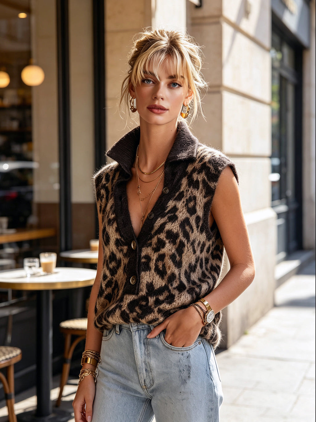 Chic Elegant Coffee-Camel Colorblock Leopard Jacquard Button-Up Lapel Collar Sleeveless Loose-Fit Knit Vest Top
