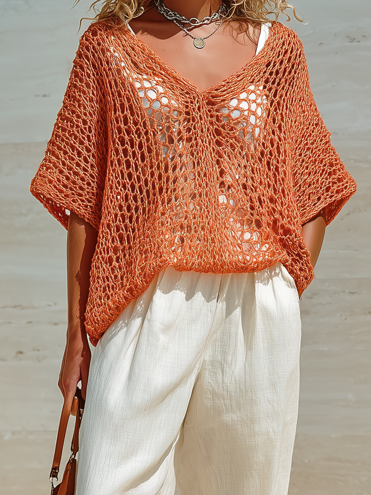 Chic Elegant Coral Orange V-Neck Short-Sleeve Loose Hollow Out Knit Sweater Top Cotton-Linen Wide-Let Pants Two-Piece
