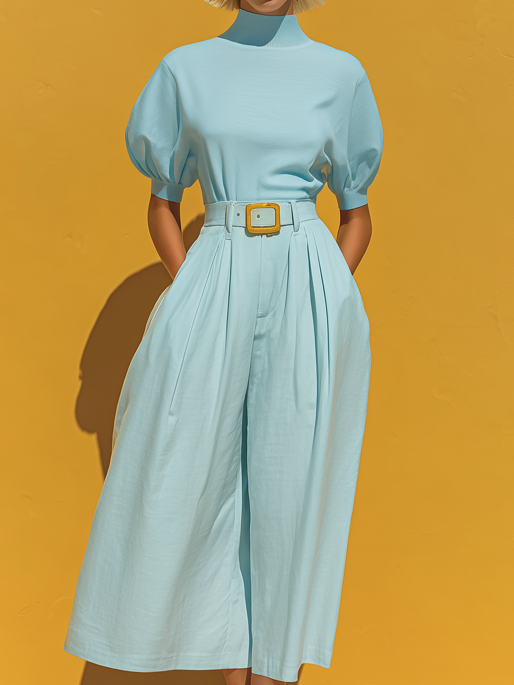 Chic Vintage Baby Blue Round-Neck Stand Neck Short-Sleeve Puff Sleeve Loose Knit Tops Belt Wide-Leg Pants Cotton Blend Two-Piece Set